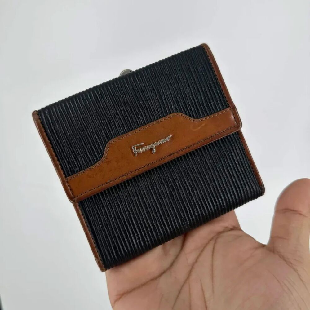 Vintage Ferragamo Ribbed Canvas Leather Tri-fold Wallet W/ Coin Pouch